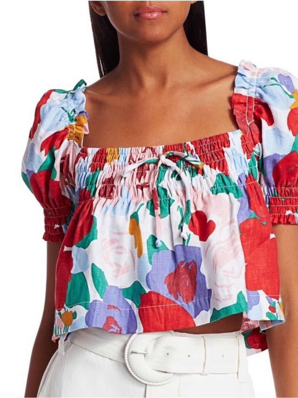 Faithfull The Brand Lilla Anita Floral Puff Sleeve Linen Crop Top Size 2